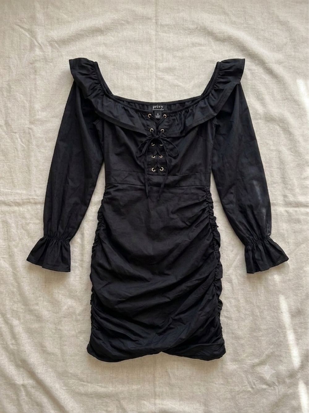NWT Privy Black Lace Up Ruched Mini Dress Small Off Shoulder Small